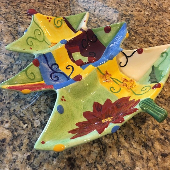 CORSICA Holiday Quilt Christmas Tree Shaped Divided Serving Dish Tray Platter - Picture 7 of 12